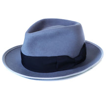 Load image into Gallery viewer, Blue men's fedora hat made of cashmere wool felt by Carlisle Hats, featuring a classic design and 55cm size.