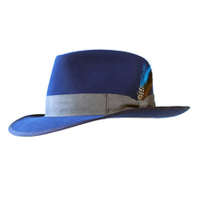 Load image into Gallery viewer, Blue Fitzroy Lane Fedora by Carlisle Hats, showing the stylish wool felt hat with a classic fedora shape and a wide brim.