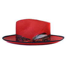 Load image into Gallery viewer, Red Camden Panama straw hat by Carlisle Hats, featuring a wide brim and woven straw texture.