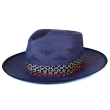 Load image into Gallery viewer, Blue Camden Vented Panama straw hat by Carlisle Hats with a wide brim and breathable vented design for sun protection.
