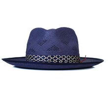 Load image into Gallery viewer, Blue Camden Vented Panama Straw hat by Carlisle Hats with a wide brim and woven vented design for sun protection.