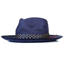 Load image into Gallery viewer, Blue Camden Vented Panama straw hat by Carlisle Hats with a wide brim and breathable design, perfect for sunny weather.