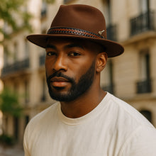Load image into Gallery viewer, Carlisle Hats Fitzroy Street 5cm low crown fedora in classic brown wool felt, featuring a wide brim and stylish band detail.