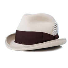 Load image into Gallery viewer, Stone-colored Dimples Homburg hat by Carlisle Hats, featuring a classic fedora style with a pinched crown and wide brim.