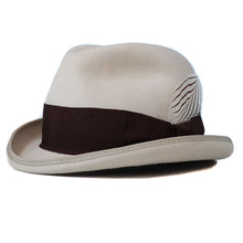 Load image into Gallery viewer, Carlisle Hats Dimples Homburg in stone color, featuring a classic felt design with a wide brim and elegant crease.