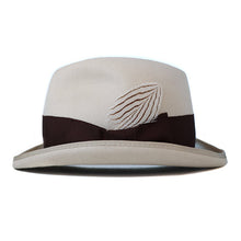 Load image into Gallery viewer, Carlisle Hats Dimples Homburg in stone color, featuring a classic fedora style with a wide brim and elegant feather detail.