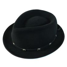 Load image into Gallery viewer, Black low crown hat with a 4.5cm brim by Carlisle Hats, showing the classic style and wide brim profile.