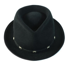 Load image into Gallery viewer, Black Carlisle Hats low crown fedora with a 4.5cm brim, featuring a sleek and classic design.