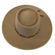 Load image into Gallery viewer, Fawn leather Spanish riding hat by Carlisle Hats, with a wide brim and detailed stitching, designed for equestrian riding.