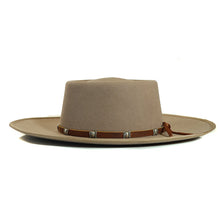 Load image into Gallery viewer, Fawn leather Spanish riding hat by Carlisle Hats with white finish and 55cm size, designed for equestrian riding and show.