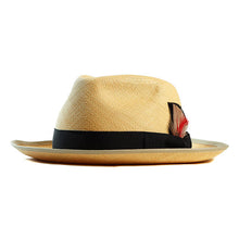 Load image into Gallery viewer, Tan Windsor Panama straw hat with a 6cm snap brim, featuring Carlisle Hats branding and a classic, stylish design.