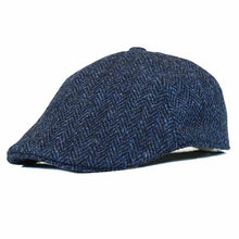 Load image into Gallery viewer, Black Harris Tweed duckbill cap by Carlisle Hats with herringbone pattern, small size, 56cm, stylish and classic headwear.