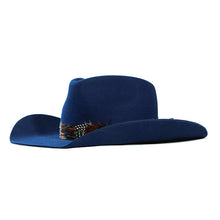 Load image into Gallery viewer, Carlisle Hats Camden Cowboy Hat with blue feathers, wide brim and classic cowboy style, 55cm size.