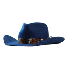 Load image into Gallery viewer, Carlisle Hats Camden Cowboy Hat in blue with feather accents, 55cm, featuring a classic cowboy hat style and wide brim.