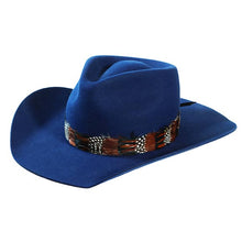 Load image into Gallery viewer, Carlisle Hats Camden Cowboy Hat in blue with feather accents, 55cm brim, stylish western cowboy hat for men.