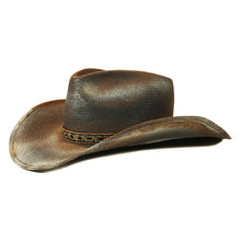 Load image into Gallery viewer, Black Camden Cowboy Hat by Carlisle Hats with distressed Toyo material and horsehair band, size 55cm.