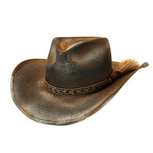 Load image into Gallery viewer, Camden Cowboy Hat by Carlisle Hats with distressed black Toyo straw and horsehair band, 55cm size, stylish western cowboy hat.