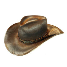 Load image into Gallery viewer, Camden Cowboy Hat by Carlisle Hats with distress black Toyo straw and horsehair band, 55cm size, stylish western cowboy style.