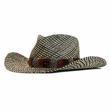 Load image into Gallery viewer, Carlisle Hats Camden Cowboy Panama straw hat with feather band, 55cm, featuring a classic cowboy hat design and woven straw texture.