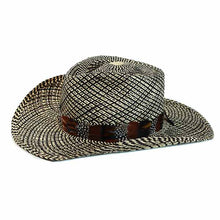 Load image into Gallery viewer, Carlisle Hats Camden Cowboy Panama straw hat with feather band, 55cm, featuring a wide brim and rustic cowboy style.