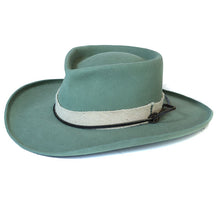 Load image into Gallery viewer, Sage green cowboy hat by Carlisle Hats with a wide brim and 55cm size, stylish and durable for outdoor wear.