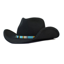 Load image into Gallery viewer, Black Carlisle cowboy hat with a 55cm brim, featuring classic Western style and a structured design.