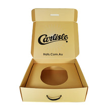 Load image into Gallery viewer, Wooden hat box by Carlisle Hats with a sturdy lid and classic design, perfect for storing and protecting hats.