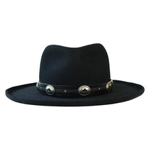 Load image into Gallery viewer, Black leather Lucan Fedora by Carlisle Hats, featuring a classic fedora style with a wide brim and stylish design.