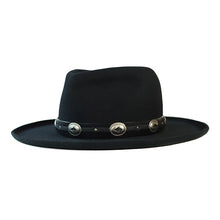 Load image into Gallery viewer, Black Carlisle Hats Lucan Fedora with a classic fedora shape and leather band, shown from the front view.