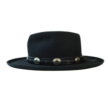 Load image into Gallery viewer, Black Carlisle Hats Lucan Fedora with leather band, featuring a classic wide brim and creased crown for stylish wear.