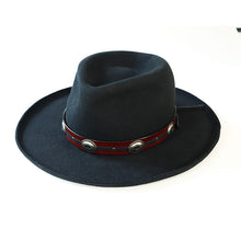 Load image into Gallery viewer, Black leather Lucan Fedora hat by Carlisle Hats, featuring a classic fedora style with a wide brim and pinched crown.