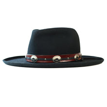 Load image into Gallery viewer, Black Carlisle Hats Lucan Fedora with a wide brim and leather band, showcasing its classic design and stylish craftsmanship.