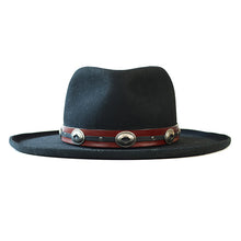 Load image into Gallery viewer, Black leather Lucan Fedora by Carlisle Hats, featuring a classic fedora style with a wide brim and stylish crown detail.