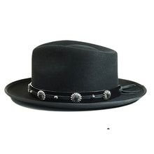 Load image into Gallery viewer, Carlisle Hats Camden Street fur felt fedora with leather studs, featuring a classic wide brim and stylish details.