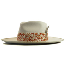 Load image into Gallery viewer, Carlisle Hats Camden Wide Fur Silk Vanilla fedora with wide brim and silk ribbon, size 55cm, in soft vanilla color.