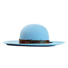 Load image into Gallery viewer, Powder blue fur felt fedora hat by Carlisle Hats, featuring a classic design and wide brim, size 55cm.