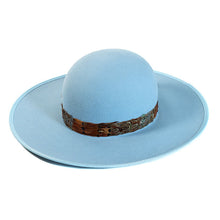 Load image into Gallery viewer, Powder blue fur felt fedora hat by Carlisle Hats with a classic fedora shape and wide brim, size 55cm.