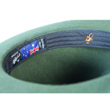 Load image into Gallery viewer, Green Bowie Street Fedora hat by Carlisle Hats featuring a classic fedora style with a wide brim and a stylish band.