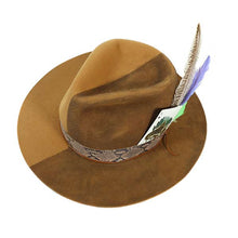 Load image into Gallery viewer, Two-tone earth-colored fedora hat by Carlisle Hats, featuring a classic fedora style with a wide brim and stylish design.