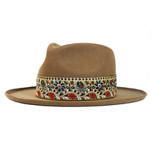 Load image into Gallery viewer, Carlisle Hats Southside Fedora made of cashmere wool in whiskey color, featuring a classic fedora style with a wide brim.
