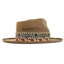 Load image into Gallery viewer, Carlisle Hats Southside Fedora in whiskey-colored cashmere wool, showing the classic fedora style with a wide brim and pinched crown.