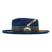 Load image into Gallery viewer, Blue Northside Fedora hat by Carlisle Hats, featuring a stylish wide brim and classic fedora design in a 55cm size.