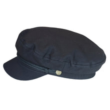 Load image into Gallery viewer, Black cotton fisherman cap by Carlisle Hats with a small 55-56cm fit, featuring a classic skipper style.