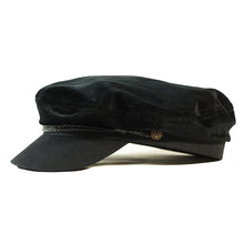 Load image into Gallery viewer, Black Carlisle Hats Skipper Cap Velour Cord fisherman cap with a classic design and curved brim, made from soft velour cord material.