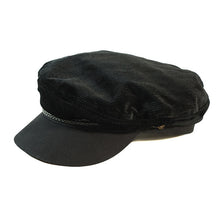Load image into Gallery viewer, Black Carlisle Hats Skipper Cap made of velour cord, classic fisherman style with a small brim and adjustable fit.