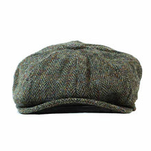 Load image into Gallery viewer, Brown Harris Tweed newsboy cap with a classic, rounded crown and short brim, crafted by Carlisle Hats.