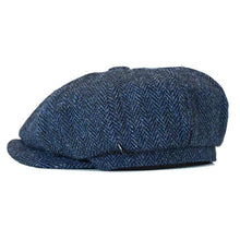 Load image into Gallery viewer, Grey and black herringbone Harris Tweed newsboy cap by Carlisle Hats, featuring classic style and a small 56cm size.