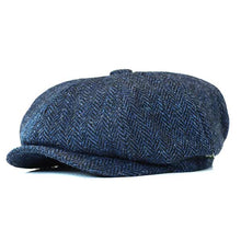 Load image into Gallery viewer, Grey and black Harris Tweed newsboy cap by Carlisle Hats with herringbone pattern and a small 56cm size.