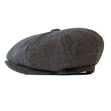 Load image into Gallery viewer, Gray and black Harris Tweed newsboy cap by Carlisle Hats with herringbone pattern, small size 56cm, classic and stylish headwear.