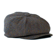 Load image into Gallery viewer, Grey and black Harris Tweed newsboy cap by Carlisle Hats featuring a classic herringbone pattern and a 56cm size.